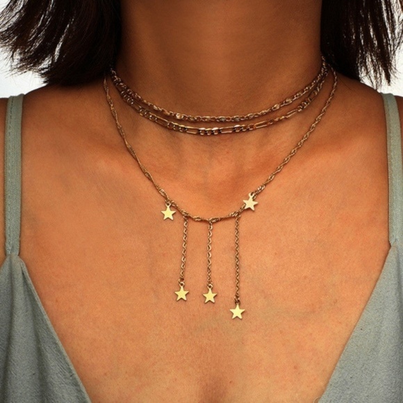 Dangling Star Layered Choker Gold Bib Necklace - Picture 2 of 7